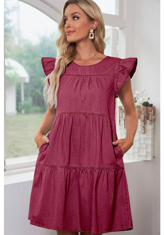 Baroque Rose Women's Mini Denim Babydoll Sleeveless Ruffle Sleeve Pleated Dress