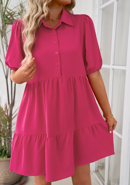 Hot Pink Flowy Dresses for Women Babydoll Shirt Dress Business Casual Work Modest Puff Sleeve Short Dress