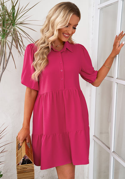 Hot Pink Flowy Dresses for Women Babydoll Shirt Dress Business Casual Work Modest Puff Sleeve Short Dress