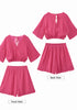 Hot Pink Women's 2 Piece Outfit Textured Crop Tops Elastic Waist Flowy Shorts