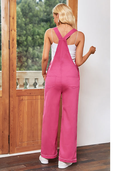 Hot Pink Women's Adjustable Strap Denim Overall Loose Wide Leg Jumpsuit