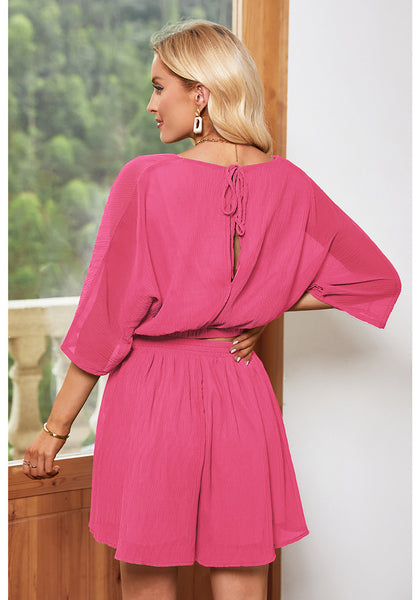 Hot Pink Women's 2 Piece Outfit Textured Crop Tops Elastic Waist Flowy ...