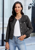 LookbookStore Women Washed Black Denim Jacket Crew Neck Button Front Utility Pockets Relaxed Fit Casual Daily Wear Staple
