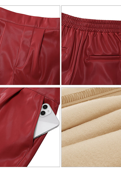Red Women’s Faux Leather Shorts PU Leather Relaxed Fit Ultra High Rise Elastic Shorts
