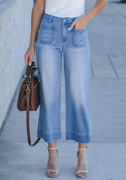 Medium Blue 2024 Women's High Waisted Long Denim Wide Leg Pockets Cropped Pants Jeans Trouser