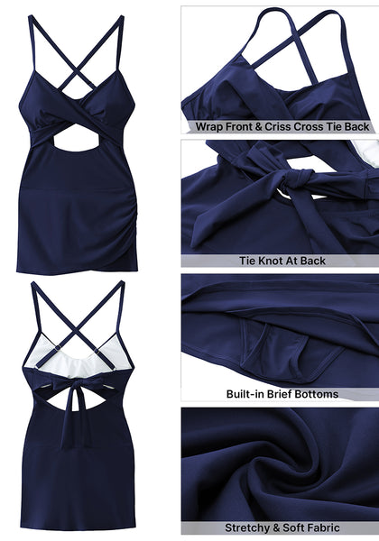 Navy Blue Women's One Piece Swimsuits With Skirts Criss Cross Back Cutout Swimwears