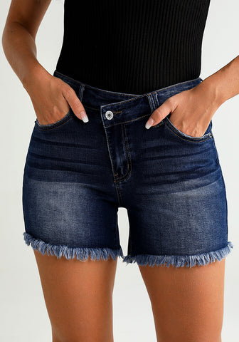 Dark Blue Women's High Waisted Denim Jeans Shorts Frayed Raw Hem Crossover Waist Casual Summer Shorts