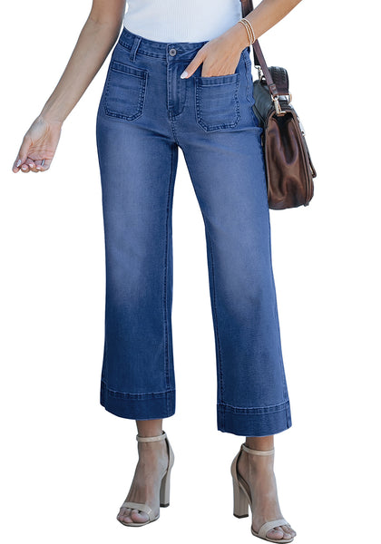 Darkness Blue 2024 Women's High Waisted Long Denim Wide Leg Pockets Cropped Pants Jeans Trouser