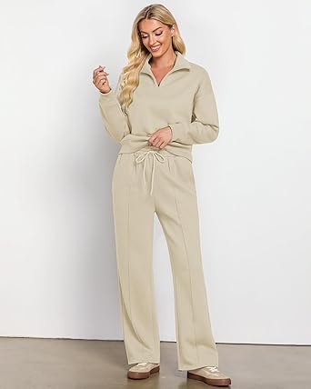 Light Beige Women Clothing Long Sleeve Suit Wide Leg Sweatshirt Hip-Hitting Length Banded Hem Cuffs Pantsuits