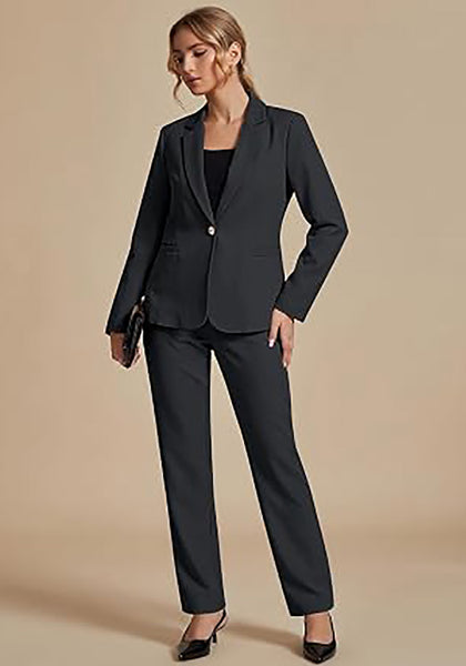 Charcoal  Women's Elegant Business Pantsuit — Single Button Blazer & High Waisted Pants with Adjustable WaistbandWomen's Elegant Business Pantsuit — Single Button Blazer & High Waisted Pants with Adjustable Waistband