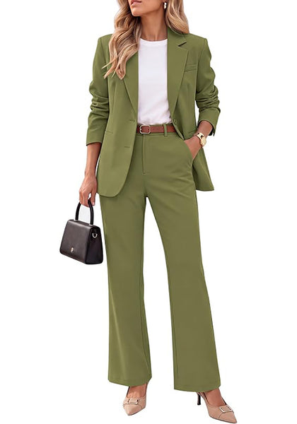 Olive Green Women's 2 Piece Pant Suits, Business Casual Buttoned Blazer and High Waisted Bootcut Pants Set, 29" Inseam Professional Office Fall Teacher Outfits