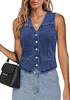 LookbookStore Women Medium Blue Casual Sleeveless Denim Vest Button Down Braided Adjustable Waist Western Jean Waistcoat