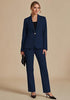 Navy Blue Women's Elegant Business Pantsuit — Single Button Blazer & High Waisted Pants with Adjustable Waistband