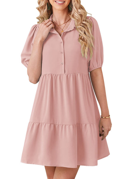 Powder Pink Flowy Dresses for Women Babydoll Shirt Dress Business Casual Work Modest Puff Sleeve Short Dress