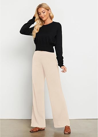 Light Beige Women's Casual Elastic Waist Full Length High Waisted Relaxed Fit Stretch Wide Leg Pants in Acrylic Fibers