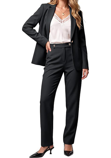 Charcoal  Women's Elegant Business Pantsuit — Single Button Blazer & High Waisted Pants with Adjustable WaistbandWomen's Elegant Business Pantsuit — Single Button Blazer & High Waisted Pants with Adjustable Waistband