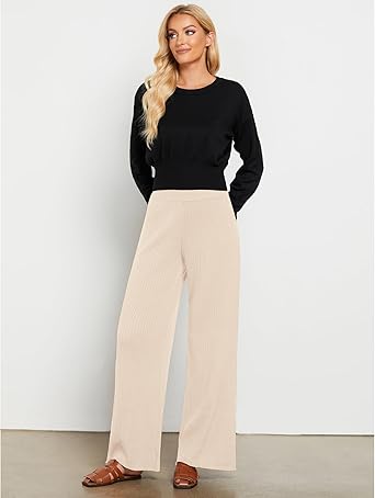 Light Beige Women's Casual Elastic Waist Full Length High Waisted Relaxed Fit Stretch Wide Leg Pants in Acrylic Fibers