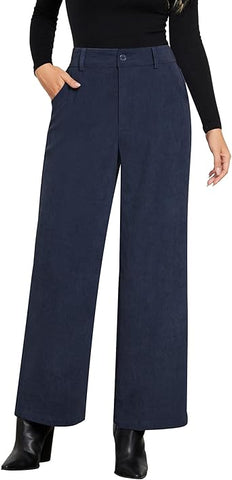Navy Blue Women's Casual High Waist Pocket Polyester Relaxed Fit Wide Leg Pants