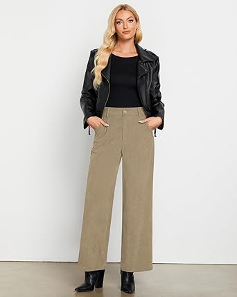 Khaki Women's Casual Full-Length High Waist Relaxed Fit Wide Leg Front Zip Elastic Waist Back Pocket Pants Button Matching Non-Stretch