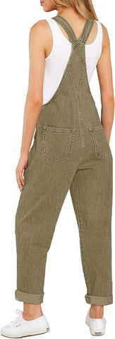 Slate Green Women's Casual Stretch Denim Bib Overalls Pants Pocketed Jeans Jumpsuits