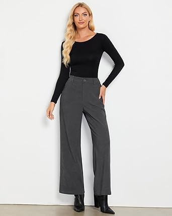 Dark Gray Women's Casual High Waist Pocket Polyester Relaxed Fit Wide Leg Pants