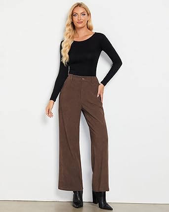Brown Women's Casual High Waist Pocket Polyester Relaxed Fit Wide Leg Pants