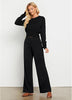 Black Women's Casual Elastic Waist Full Length High Waisted Relaxed Fit Stretch Wide Leg Pants in Acrylic Fibers