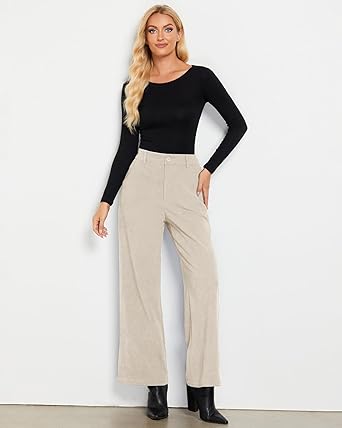 Beige Women's Casual High Waist Pocket Polyester Relaxed Fit Wide Leg Pants