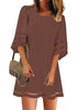 Rum Raisin Brown Women Casual Crewneck Mesh Panel 3/4 Bell Sleeve Loose Tunic Dress