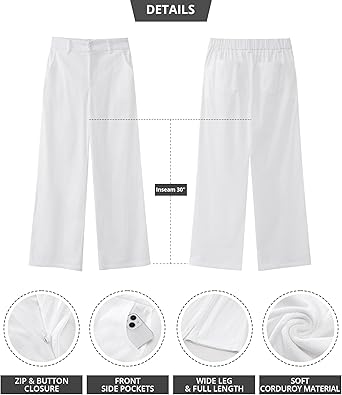 White Women's Casual High Waist Pocket Polyester Relaxed Fit Wide Leg Pants