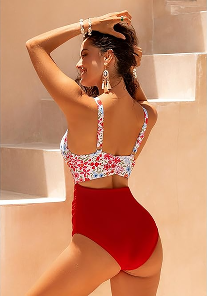 LookbookStore Women's Red Pink Floral V Neck Block One Piece Swimsuit with Cut Out & Ruched High Waist