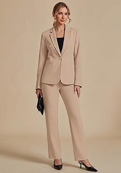 Beige Women's Elegant Business Pantsuit — Single Button Blazer & High Waisted Pants with Adjustable Waistband