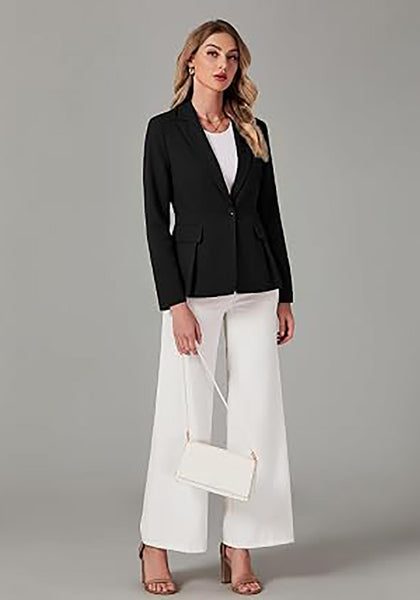 Black Women's  Peplum Suit Jacket Blazer, Tailored Fitted Long Sleeve with Built-in Shoulder Pads, Dressy Casual for Office, Business & Everyday Wear
