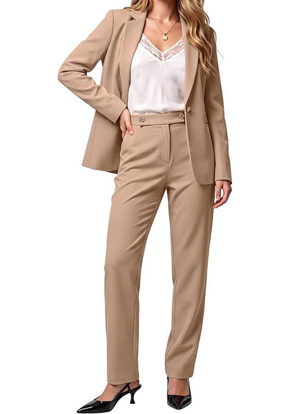 Beige Women's Elegant Business Pantsuit — Single Button Blazer & High Waisted Pants with Adjustable Waistband
