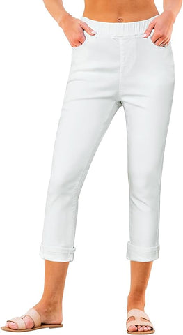 Cream White Women's High Waisted Elastic Slight Stretch Denim Pull On Cuffed Hem Capri Jeans Denim Pants