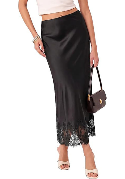 Black Women's Satin Maxi Skirt — Silky Bias Cut Long Slip Skirt with Easy Pull On Elastic Waistband & Lace Trim Hem