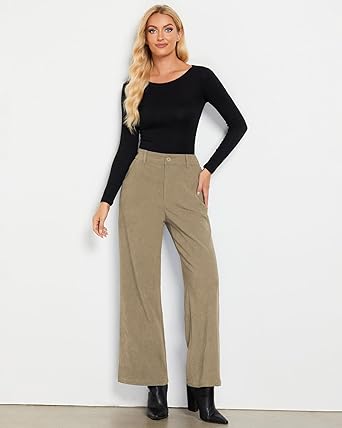 Khaki Women's Casual Full-Length High Waist Relaxed Fit Wide Leg Front Zip Elastic Waist Back Pocket Pants Button Matching Non-Stretch