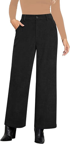 Black  Women's Casual Full-Length High Waist Relaxed Fit Wide Leg Front Zip Elastic Waist Back Pocket Pants Button Matching Non-Stretch