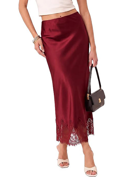 Red Women's Satin Maxi Skirt — Silky Bias Cut Long Slip Skirt with Easy Pull On Elastic Waistband & Lace Trim Hem