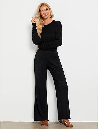 Black Women's Casual Elastic Waist Full Length High Waisted Relaxed Fit Stretch Wide Leg Pants in Acrylic Fibers