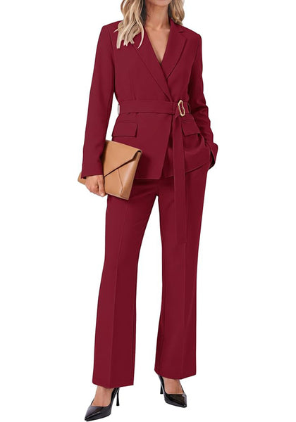 Wine Red Women's 2 Piece Blazer Pants Suit, Business Casual Long Sleeve Belted Double Breasted Blazer & Elastic High Waisted Flared Pants Set, Dressy Office Work Outfits