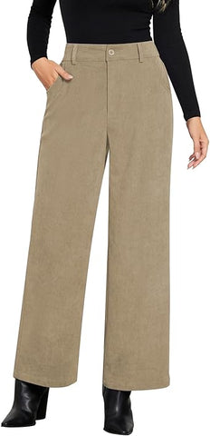 Khaki Women's Casual Full-Length High Waist Relaxed Fit Wide Leg Front Zip Elastic Waist Back Pocket Pants Button Matching Non-Stretch