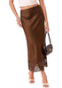 Brown Women's Satin Maxi Skirt — Silky Bias Cut Long Slip Skirt with Easy Pull On Elastic Waistband & Lace Trim Hem