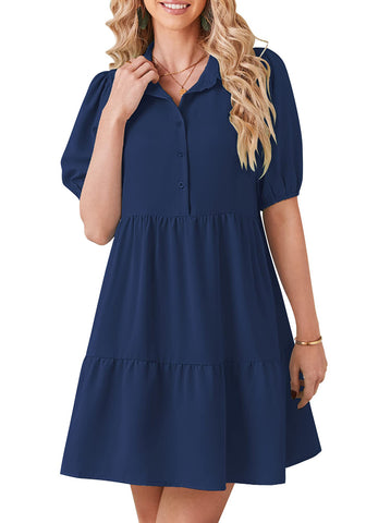 Dark Blue Flowy Dresses for Women Babydoll Shirt Dress Business Casual Work Modest Puff Sleeve Short Dress