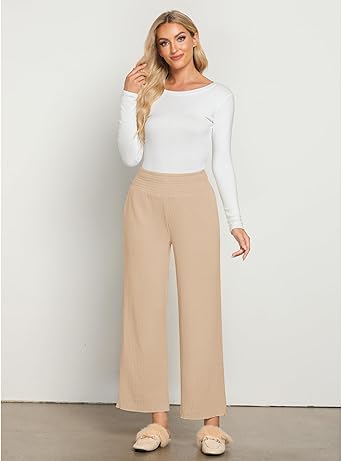 Beige Women's Ankle-Length High-Waist Pants Relaxed Fit Wide-Leg Pull-On Side Pocket