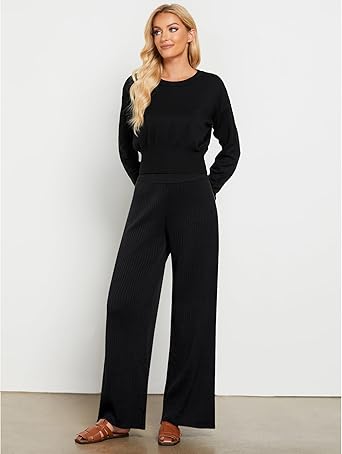 Black Women's Casual Elastic Waist Full Length High Waisted Relaxed Fit Stretch Wide Leg Pants in Acrylic Fibers