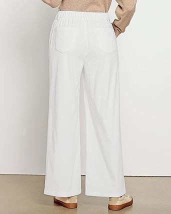 White Women's Casual High Waist Pocket Polyester Relaxed Fit Wide Leg Pants