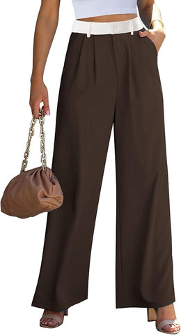 Brown & White Block Women's High Waisted Wide Leg Business Work Pants