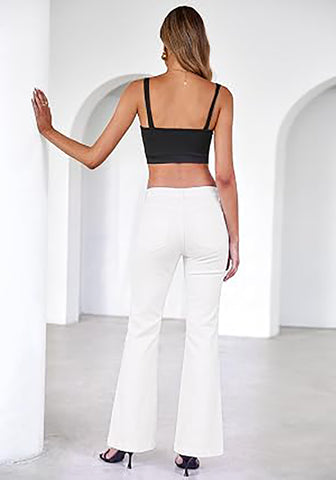 Cream White Flare Jeans for Women Mid Rise Bootcut Denim Pants Distressed Stretchy Retro Y2K Washed Date Night Outfit Nashville Western Style
