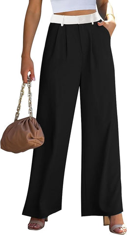 Black & White Block Women's High Waisted Wide Leg Business Work Pants